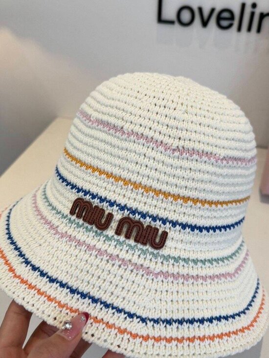 Miu Miu Striped Raffia Bucket Hat - Summer Sun Hat